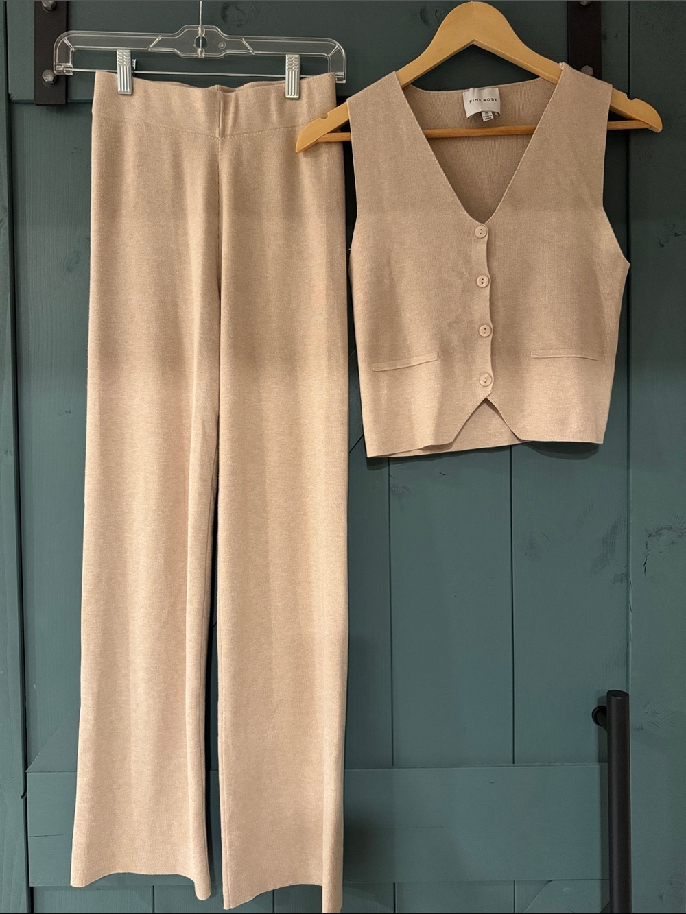 Beige Knit Wide-Leg Pants - Women's Casual Trousers & matching tank vest